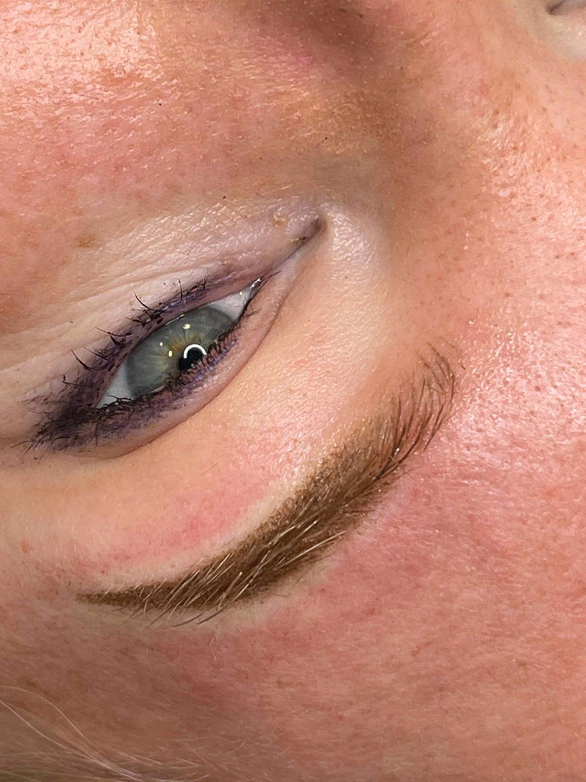 A finished permanent makeup brow, soft brown strokes above a green eye